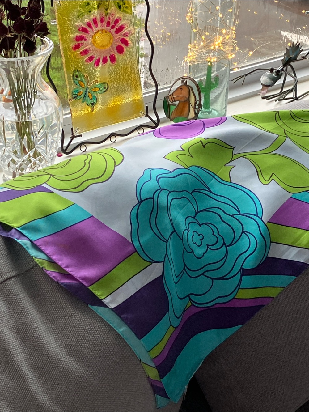 Talbots 100% Silk Floral Scarf Aqua Purple Lime Possibly Vintage Japan
